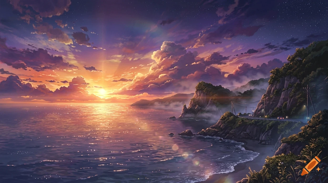 An anime-style digital illustration of a sunset over the ocean, with rocky cliffs along the coast and a glowing sky filled with vibrant purple and orange clouds.