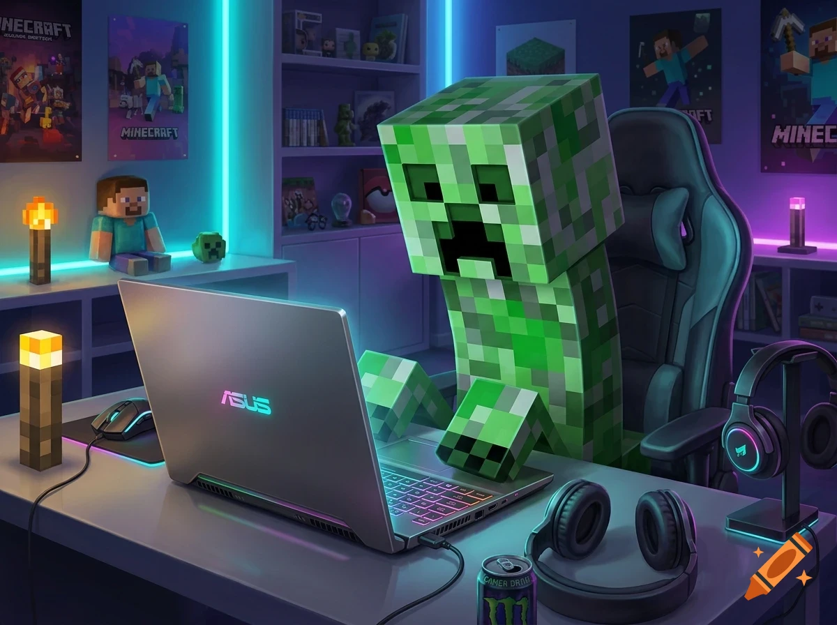 A Minecraft Creeper character sitting at a gaming desk using an ASUS laptop in a room with blue and purple neon lighting.