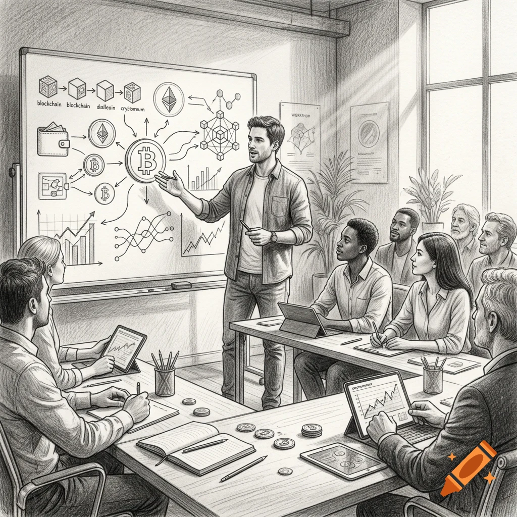 A pencil sketch of a man presenting cryptocurrency and blockchain concepts on a whiteboard to a seated audience in a conference room.