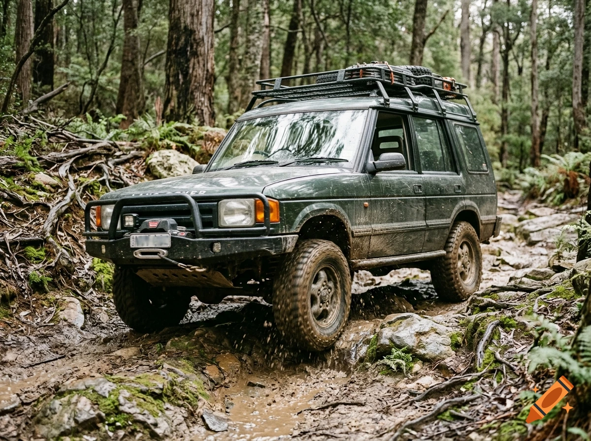 Photorealistic image of a dark green Land Rover Discovery 300tdi off-roading through a muddy forest track.