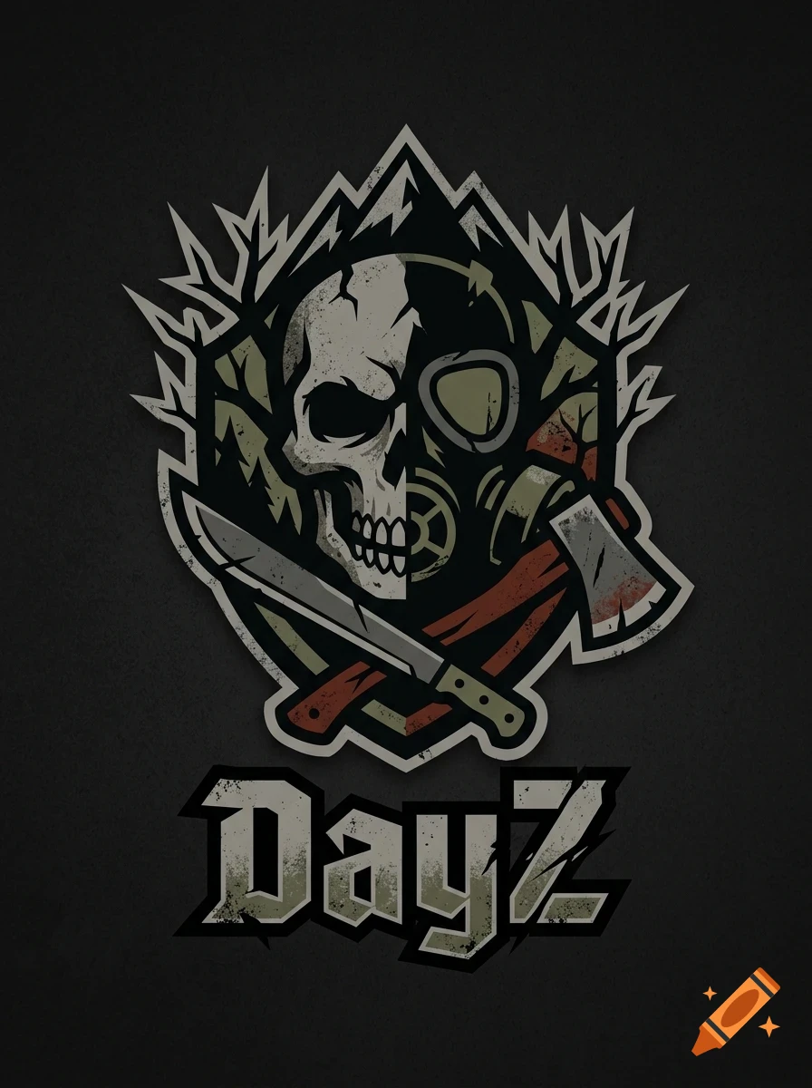 A stylized emblem featuring a split skull and gas mask, crossed with a machete and an axe, with the text DayZ below.