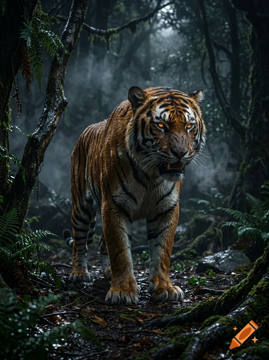 A tiger standing alert in a misty, dark forest surrounded by trees and ferns.