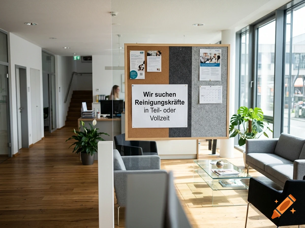 An office interior with a notice board featuring a job advertisement sign in German, surrounded by seating areas and large windows.