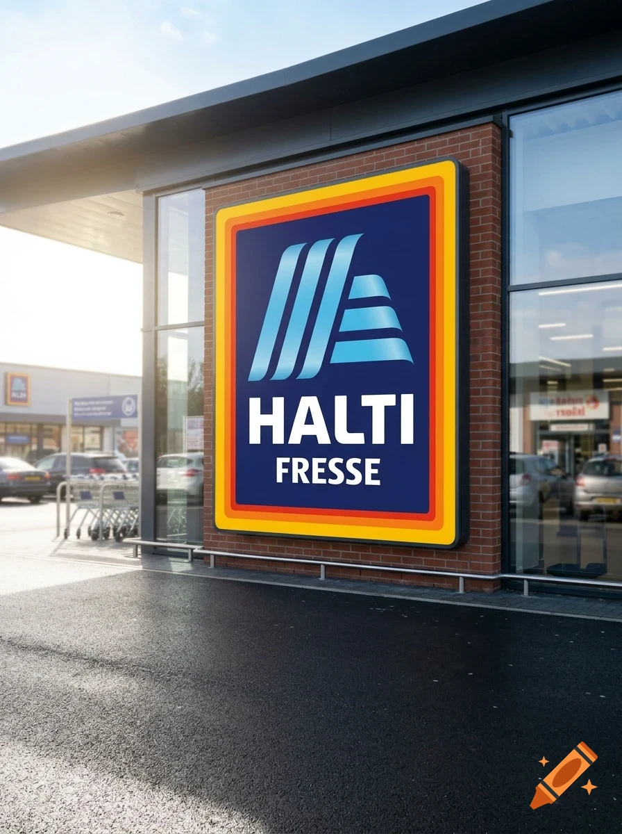 An exterior view of a modern store building featuring a large illuminated sign with the text HALTI FRESSE on a blue background, positioned on a brick wall next to large glass windows.