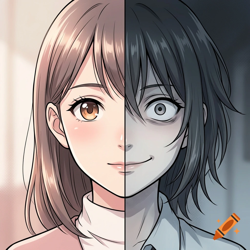 Manga style split portrait of a young girl, left side normal and friendly, right side creepy and dark.
