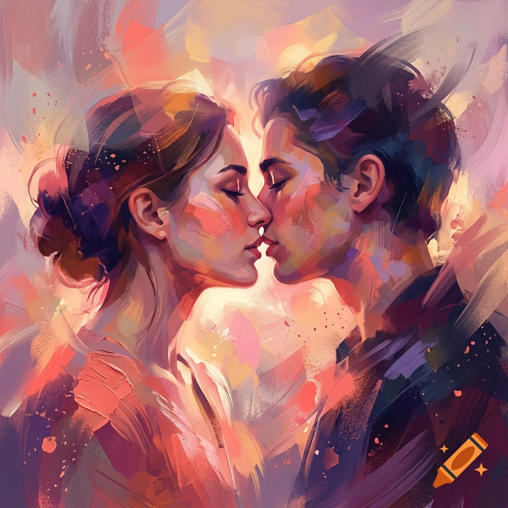 An impressionistic painting of a young couple kissing, rendered with vibrant colors, visible brushstrokes, and warm lighting.
