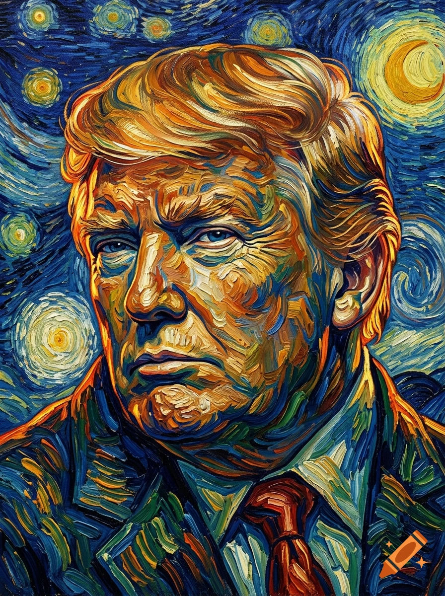 Portrait of Donald Trump rendered in the distinct expressive impasto brushstroke style of Vincent van Gogh's Starry Night.