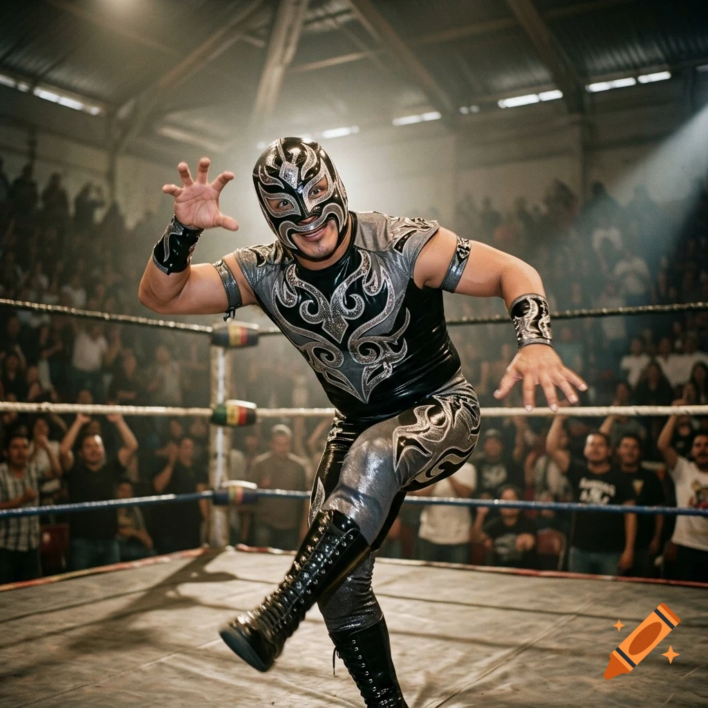 A masked professional wrestler in a black and silver costume striking a dynamic pose inside a wrestling ring, with a cheering crowd surrounding the ring in the background.