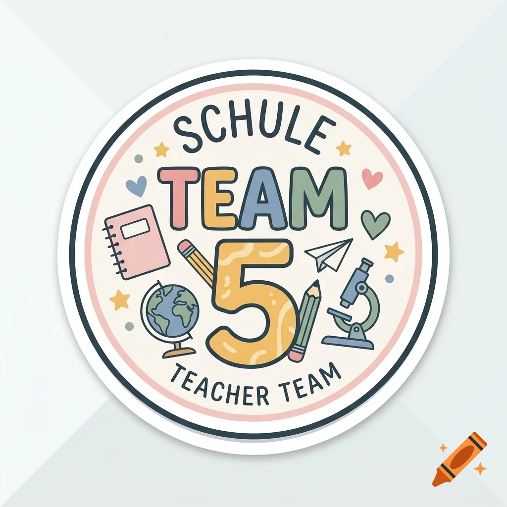 Round sticker design featuring the text "SCHULE TEAM 5 TEACHER TEAM" surrounded by school-related illustrations like a globe, pencils, a notebook, and a microscope in pastel colors.