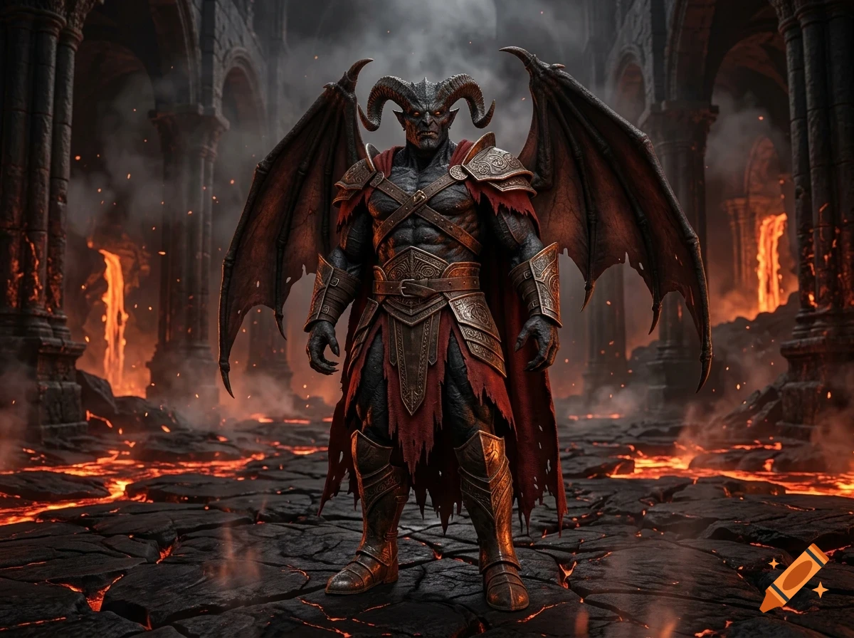 A horned demon warrior with large wings standing in a fiery volcanic hall