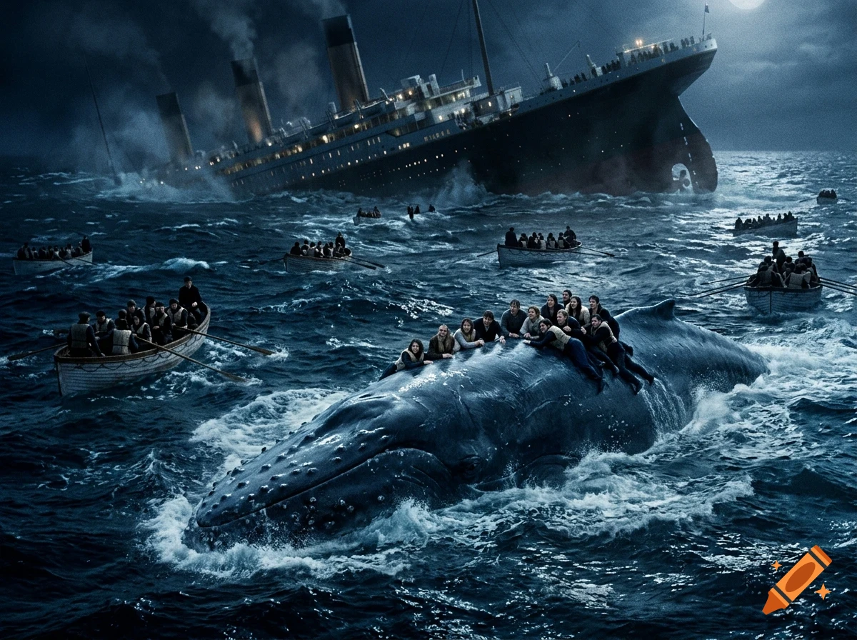 People clinging to a large whale and lifeboats in rough seas near a sinking ocean liner at night.
