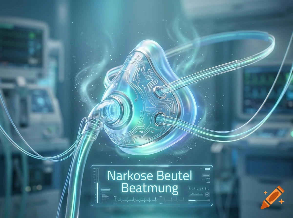 An advanced medical ventilation mask glowing in a sterile hospital setting with tubes attached.
