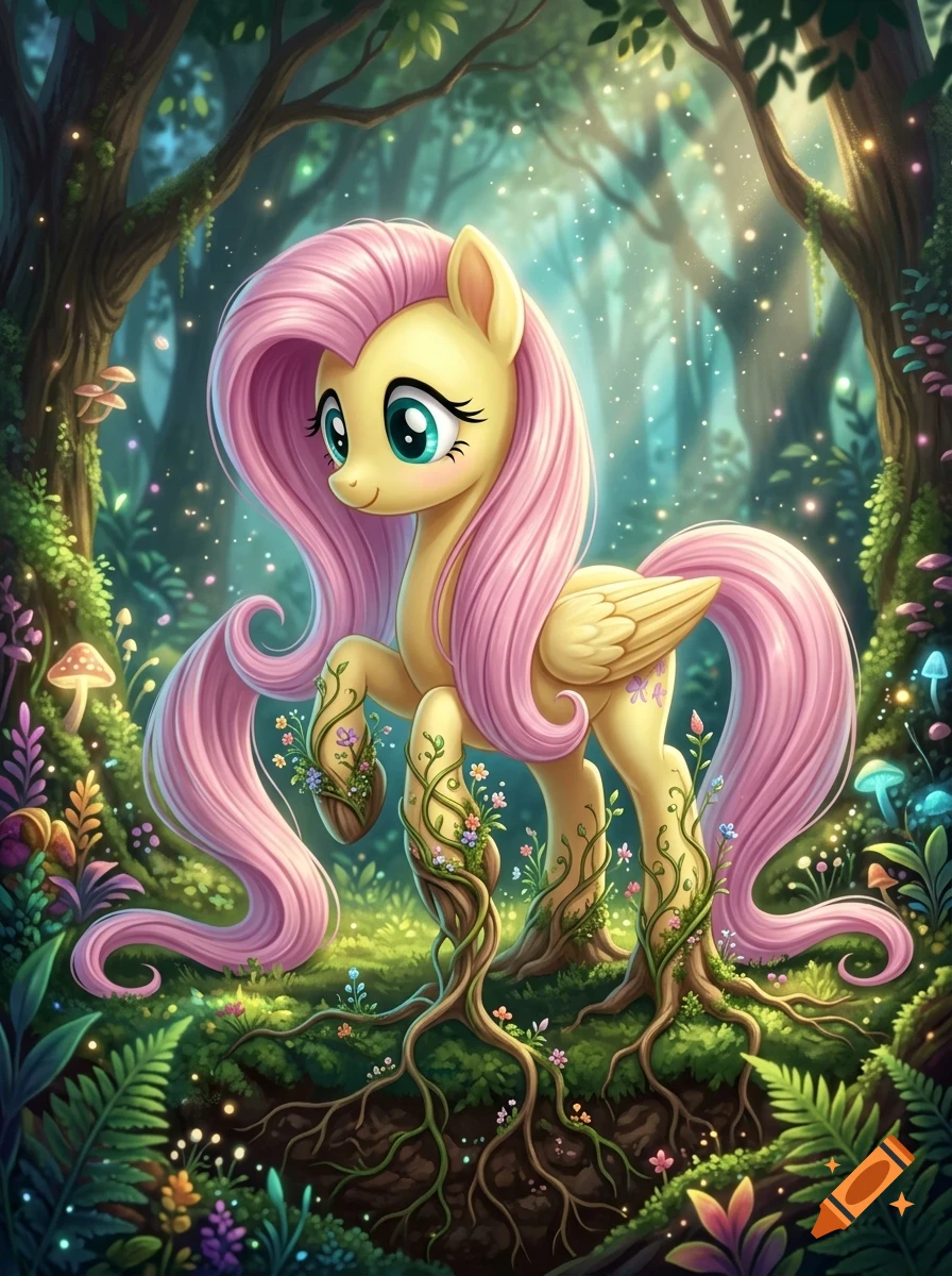 A yellow-bodied pegasus pony with long pink hair and a butterfly cutie mark standing in an enchanted forest with vines growing around its hooves.