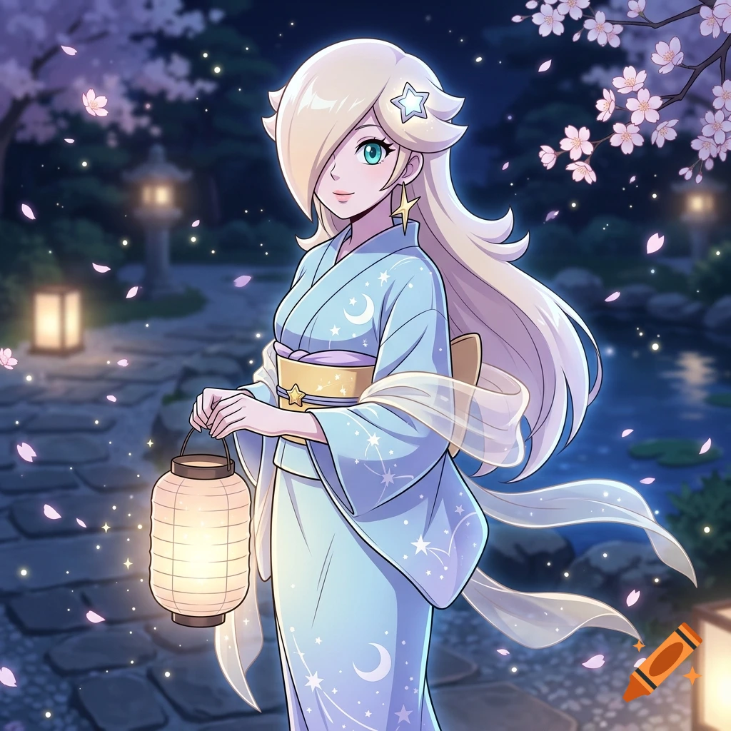 Anime style illustration of Rosalina in a light blue yukata holding a paper lantern in a garden at night with cherry blossoms.
