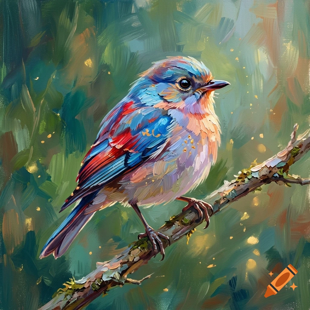 An oil painting of a colorful blue, red, and peach bird perched on a mossy branch against a textured green background.