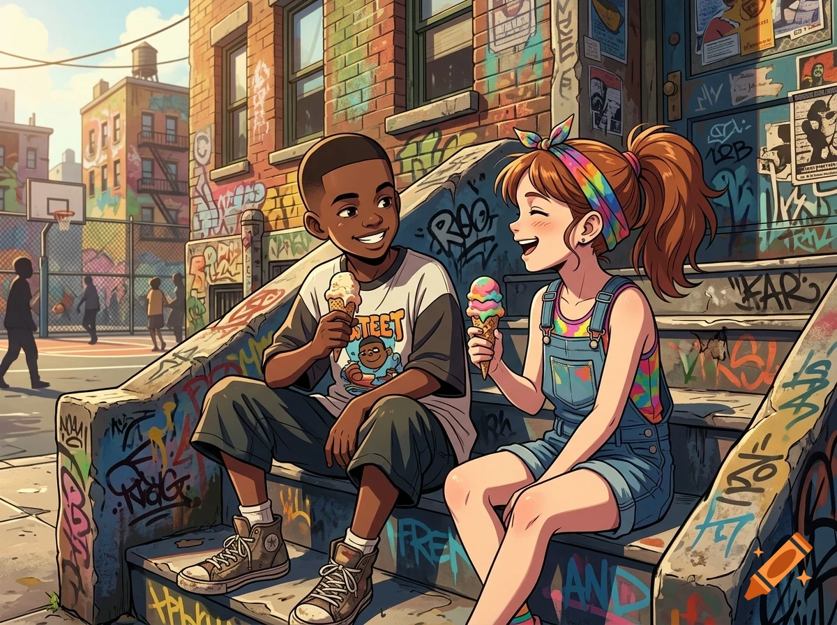 An illustrated depiction of a boy and a girl sitting on graffiti-covered stoop steps in a city street, eating ice cream and smiling at each other.