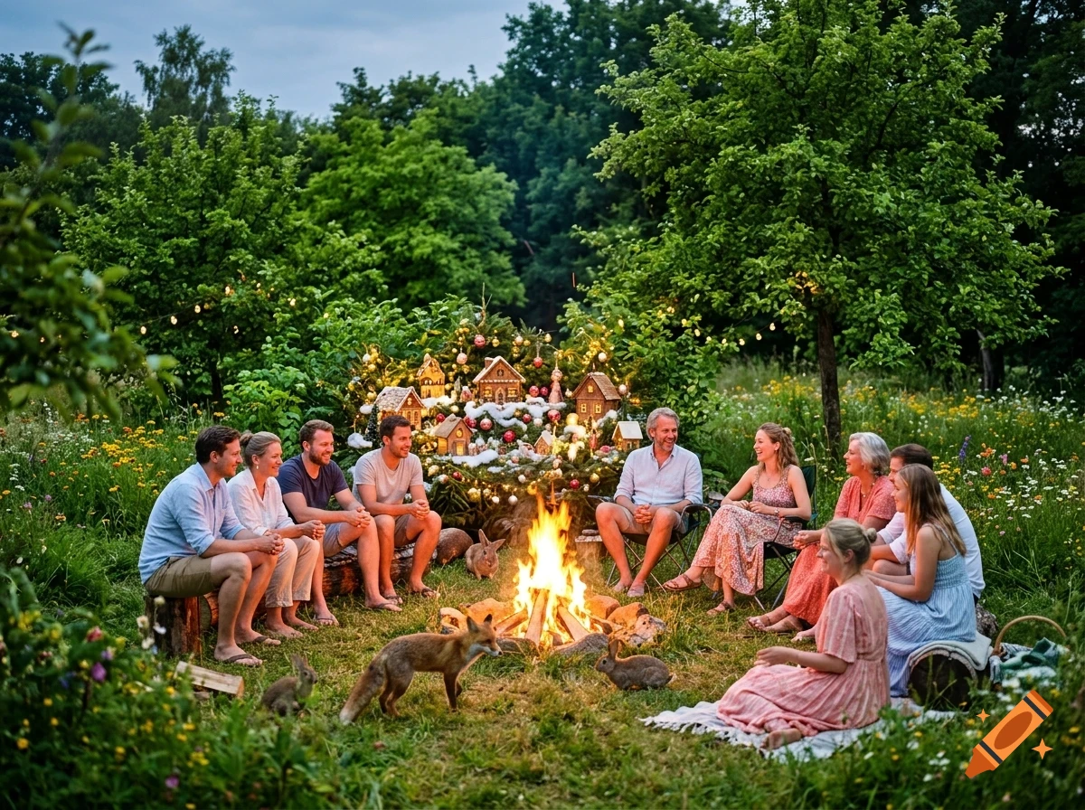 A group of friends and family gather around a glowing campfire in a lush green meadow at dusk, surrounded by trees and festive fairy lights.