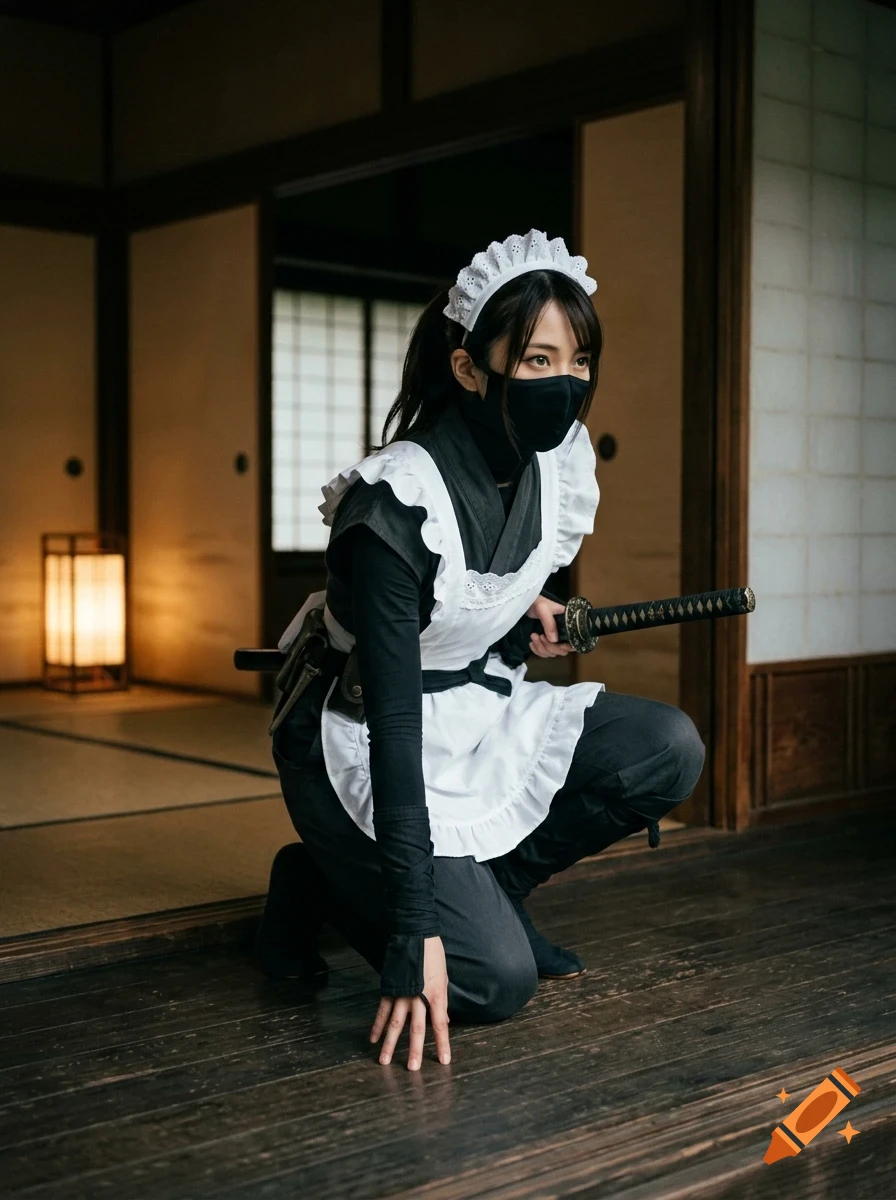 A person dressed in a maid outfit and a face mask kneeling on a wooden floor inside a traditional Japanese home, holding a katana.