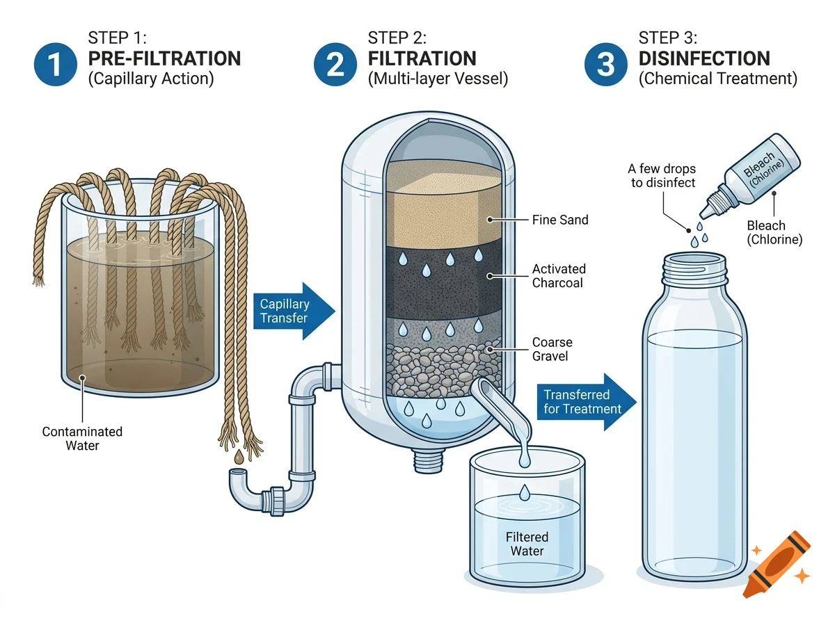 An instructional diagram showing a three-step water filtration process: pre-filtration using capillary action with ropes, filtration through a multi-layer vessel with sand, charcoal, and gravel, and disinfection with chlorine drops.