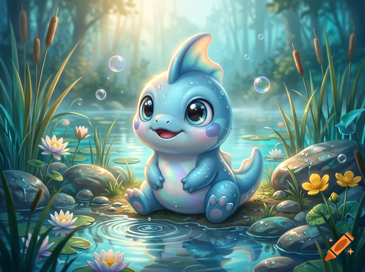 Digital illustration of a cute, blue baby water-type creature sitting by a pond with water lilies and bubbles.