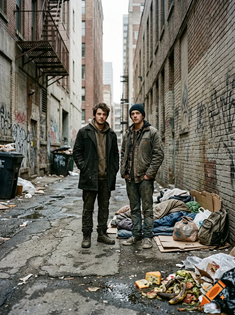 Photorealistic image of two young homeless men standing in a narrow, trash-filled urban alleyway.