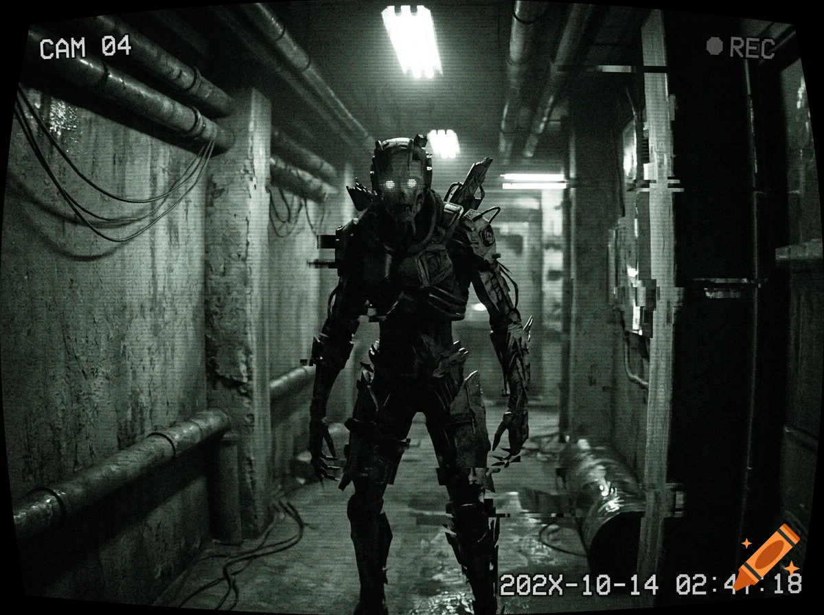 Security camera footage of a humanoid robot standing in a dimly lit, industrial hallway with exposed pipes.