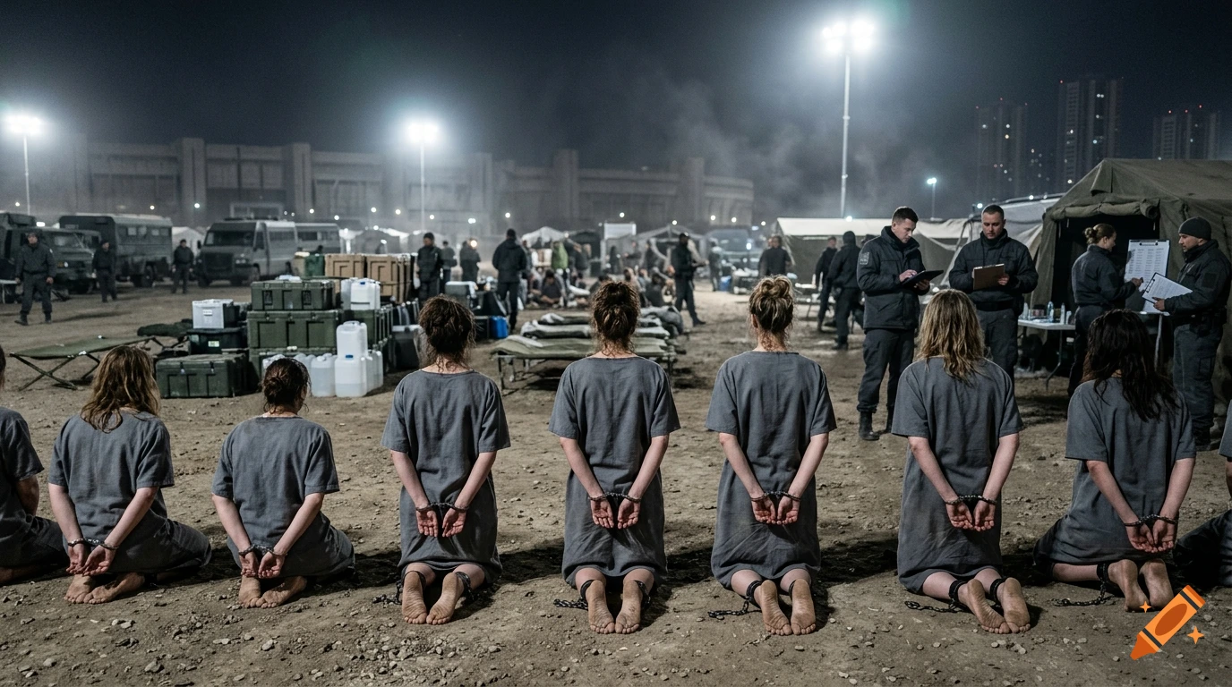 Photorealistic dystopian scene showing kneeling women in gray tunics and chains inside a guarded night camp.