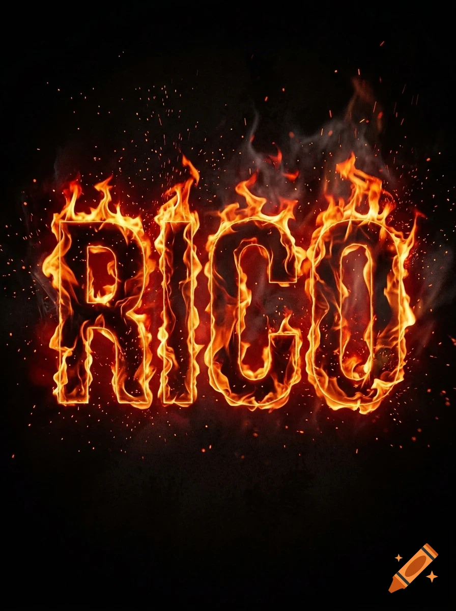 The name RICO spelled out in flaming, burning text against a dark black background filled with sparks and smoke.