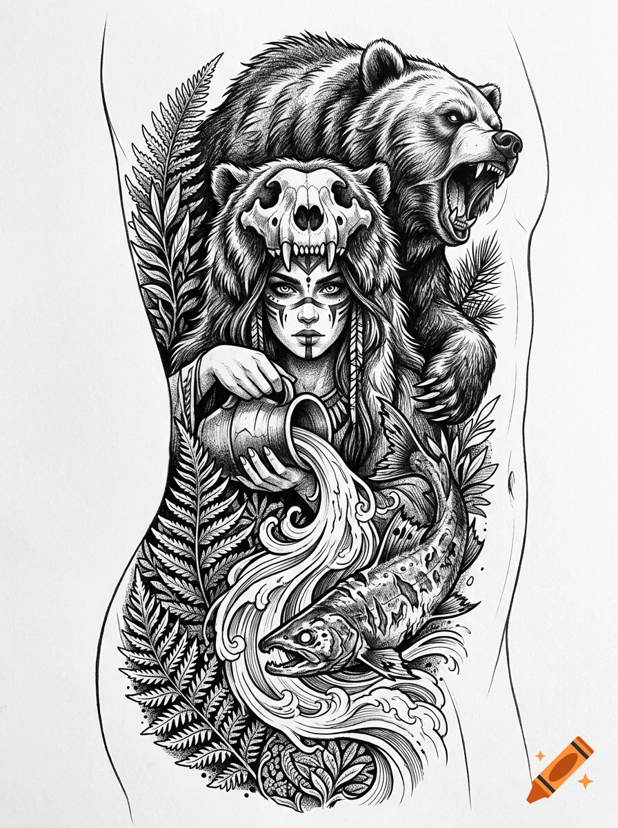 Black and white ink drawing of a fierce woman wearing a bear skull headdress, pouring water from a jug, accompanied by a roaring bear and a fish amidst ferns.
