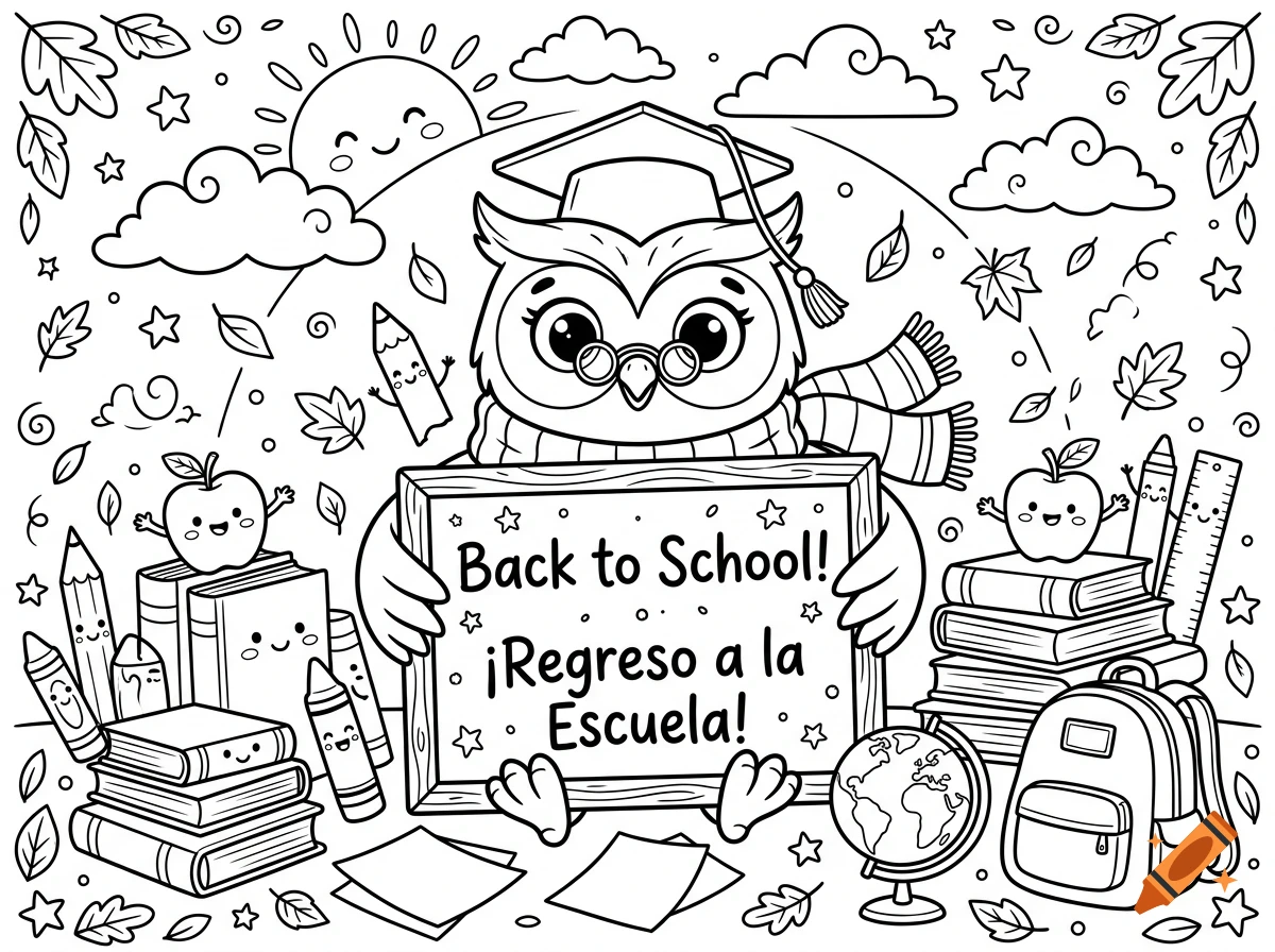 Black and white coloring page featuring a wise owl wearing a graduation cap and glasses, holding a sign that says Back to School! and Regreso a la Escuela!, surrounded by books, apples, pencils, a globe, and a backpack.