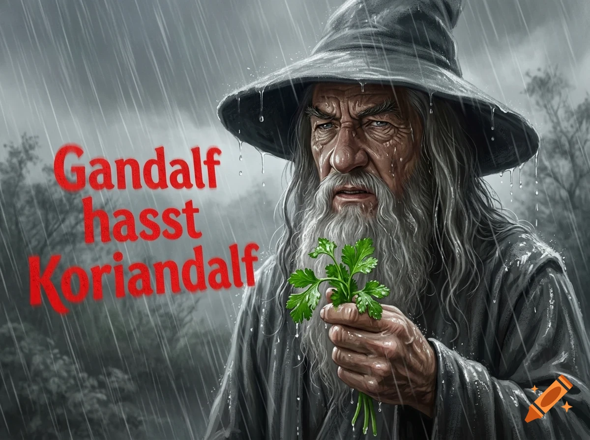 An elderly wizard with a long grey beard and a pointed hat stands in the rain holding a sprig of coriander, with red German text on the left.