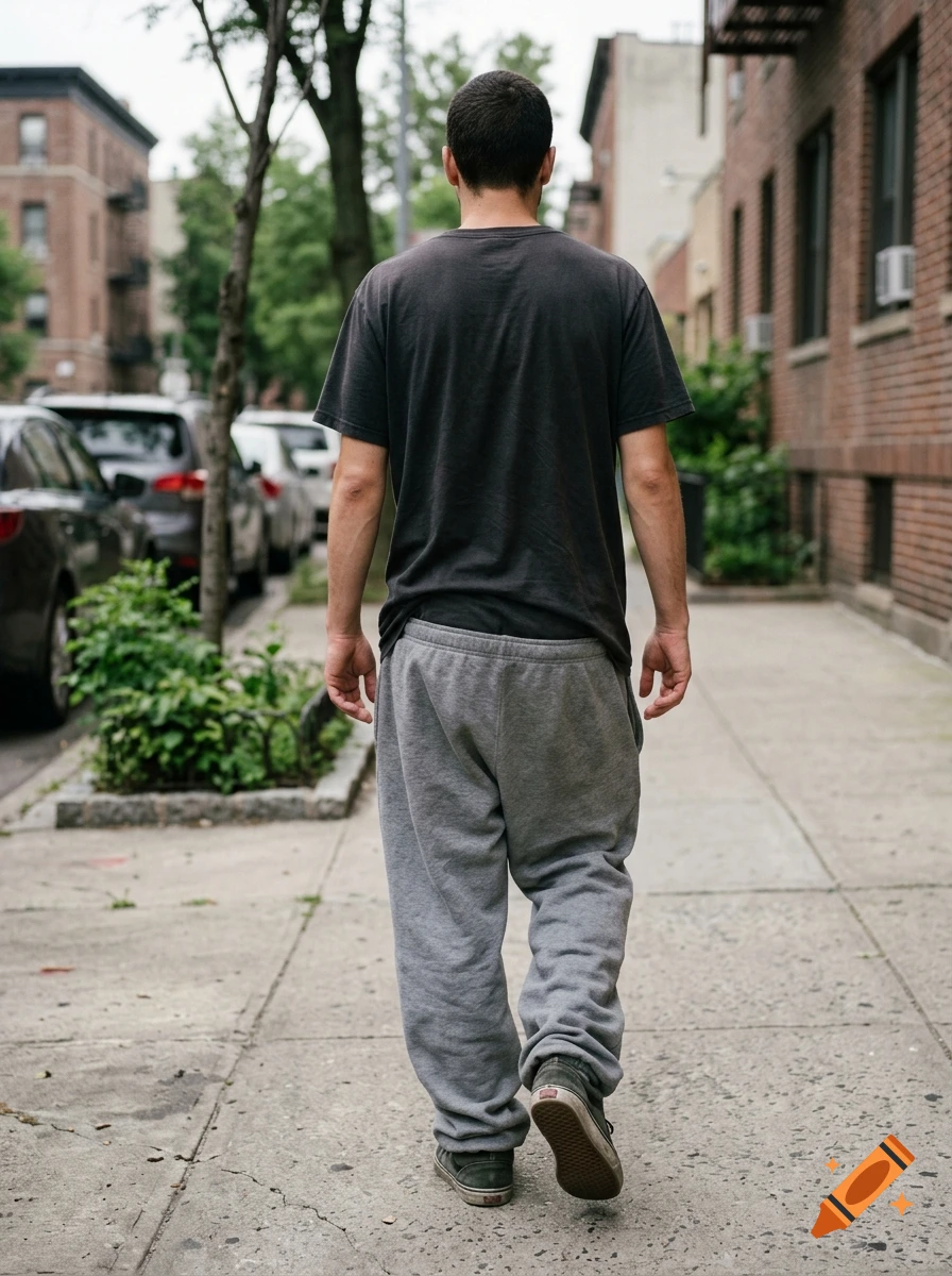 Photorealistic rear view of a young man walking down a city sidewalk wearing a dark t-shirt and grey sweatpants.
