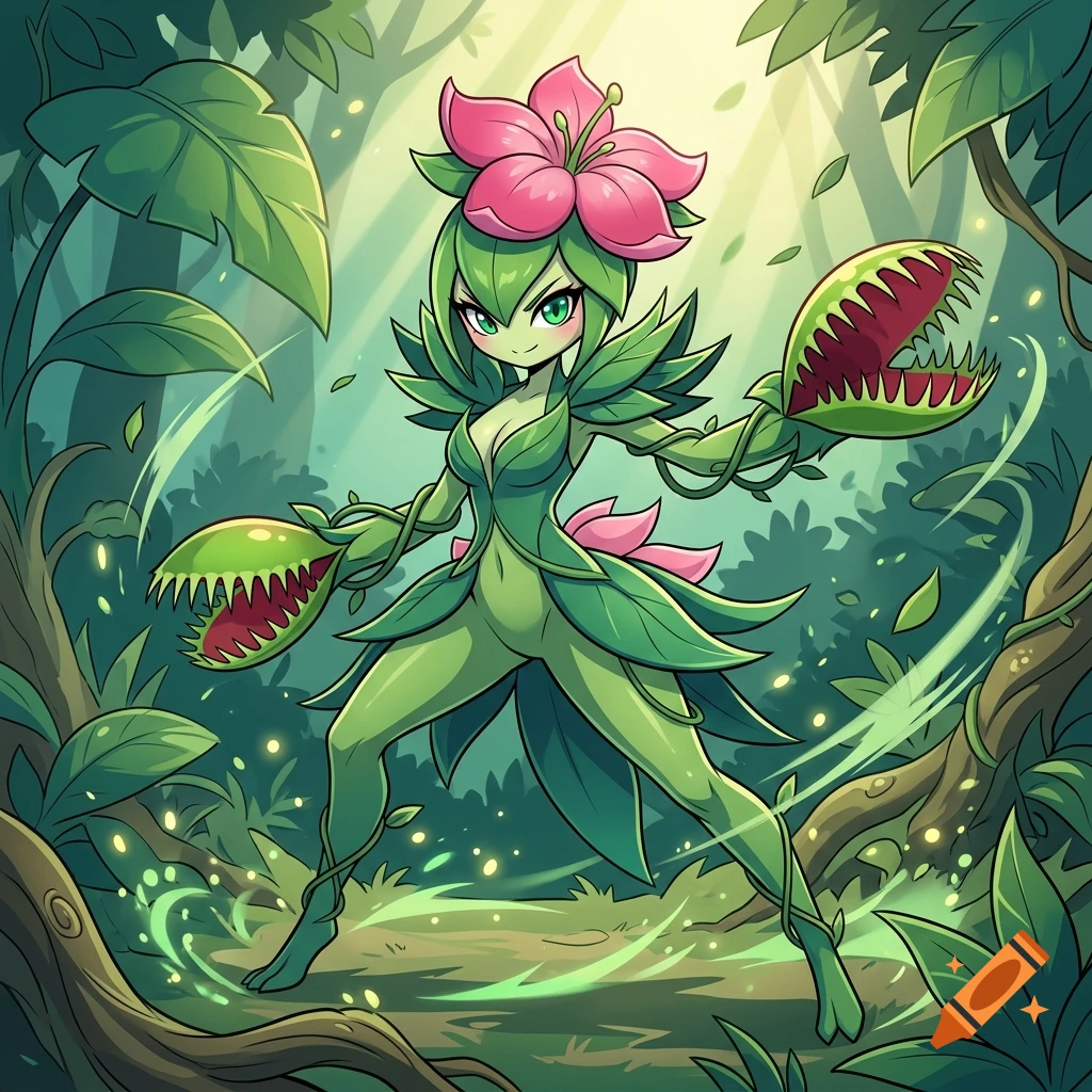 An anime-style illustration of a grass-fighter humanoid creature with a pink flower on its head and venus fly trap arms, standing in a lush green jungle.