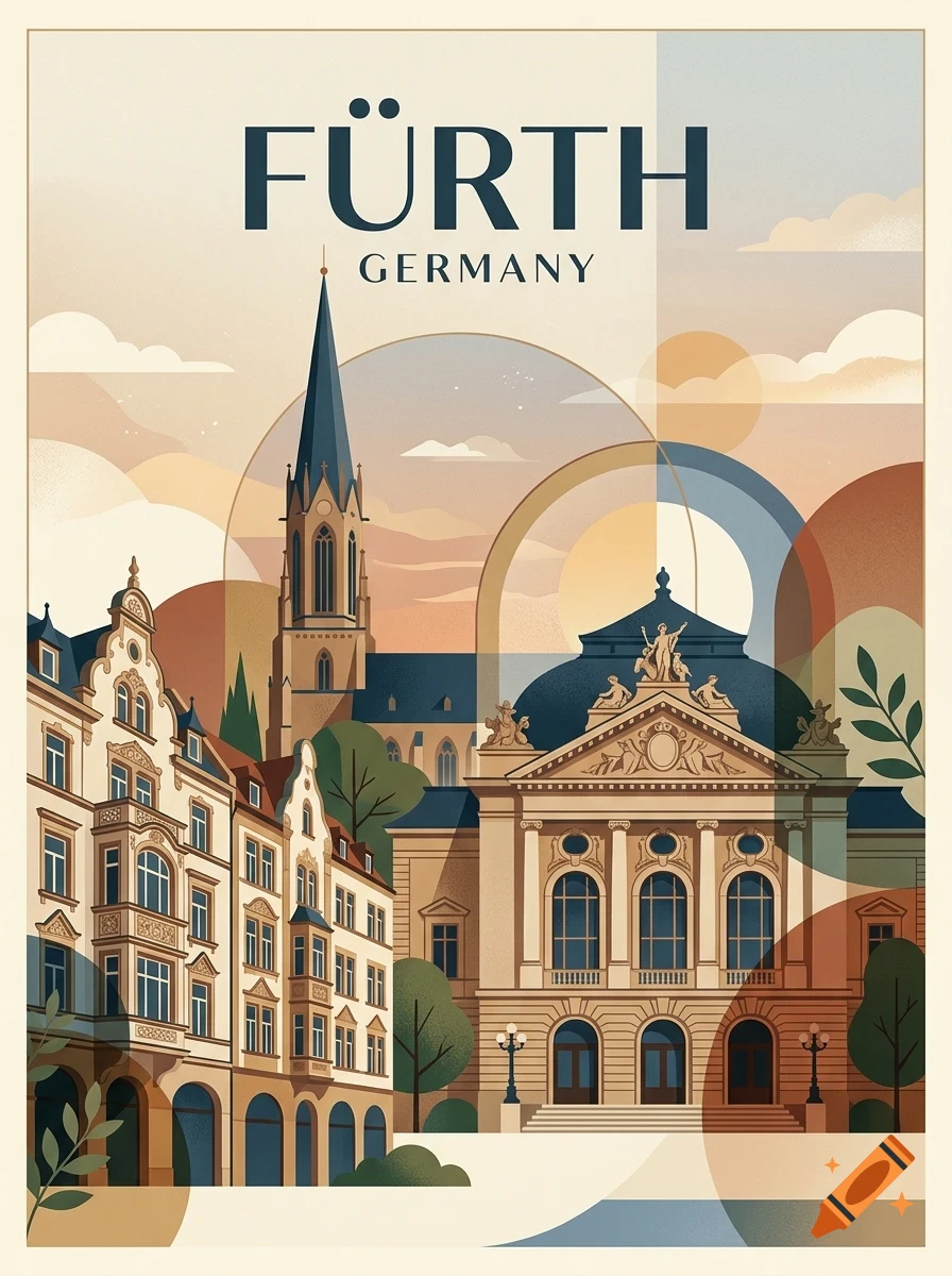 Travel poster style vector illustration of Fürth, Germany, featuring historic architecture, a church steeple, and geometric shapes in a warm palette.