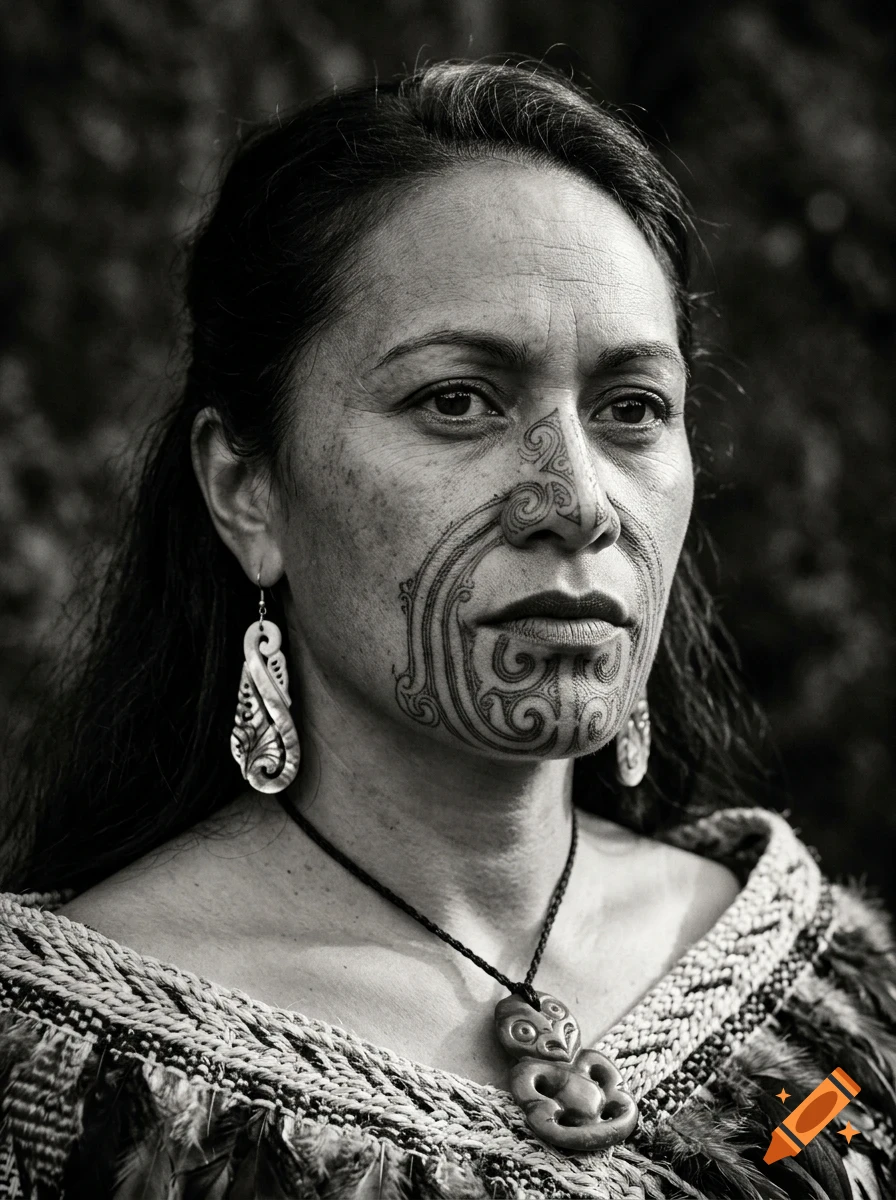 A black and white portrait of an Indigenous person with traditional facial moko tattoos, carved earrings, and a woven cloak.