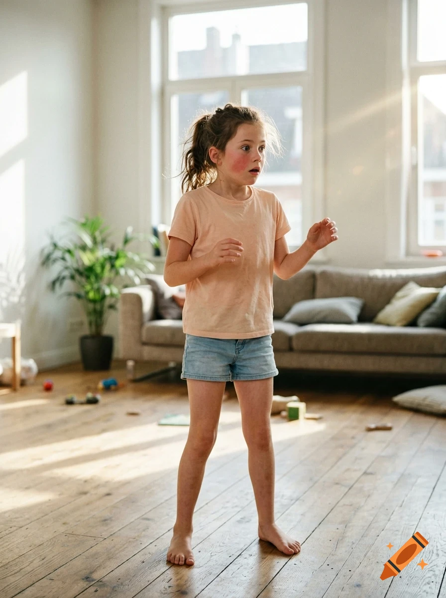 A young girl with a ponytail standing in the middle of a living room with a surprised or excited expression.