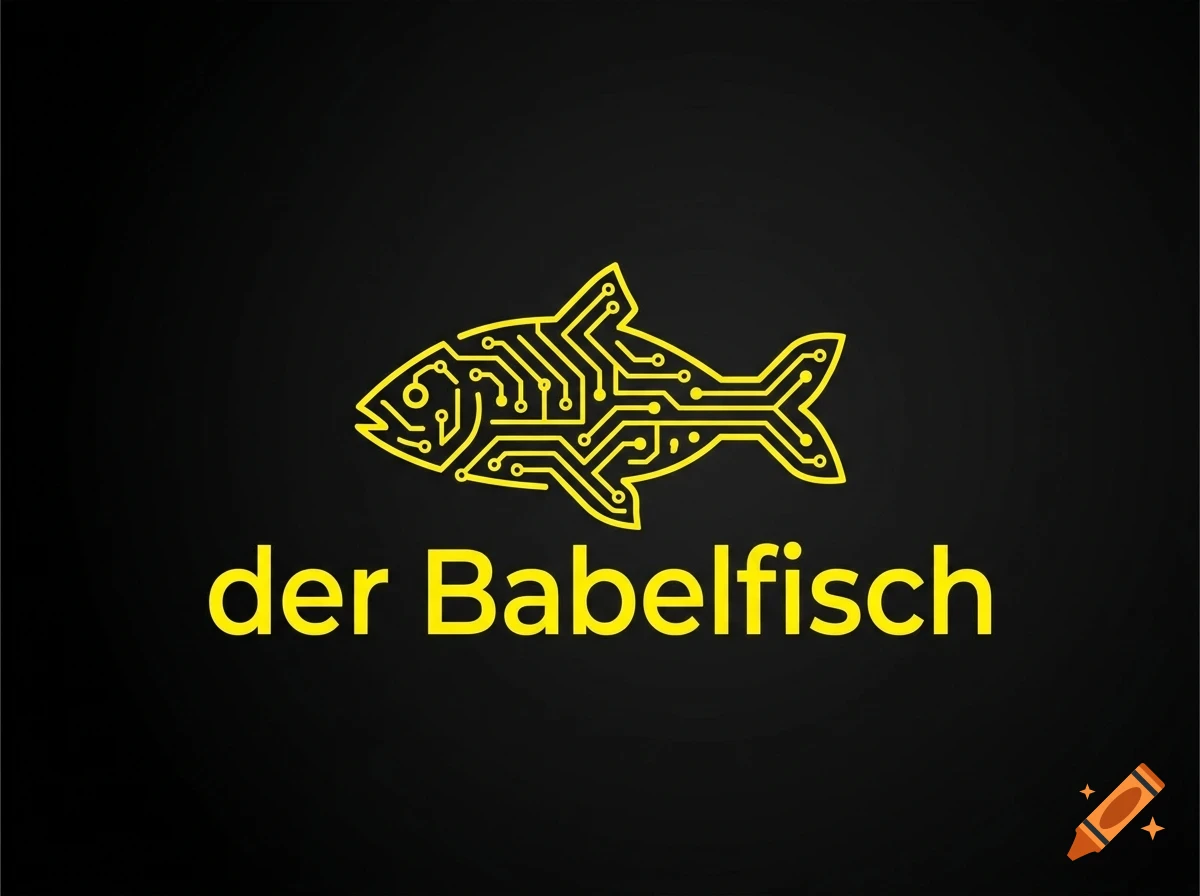 A yellow circuit board pattern shaped like a fish, accompanied by the text "der Babelfisch" on a black background.