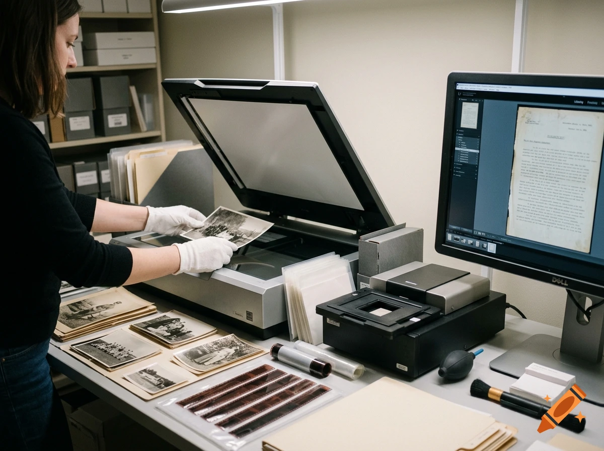 A person in white gloves handling historical photos and film negatives at a digitization workstation with a scanner and computer monitor.