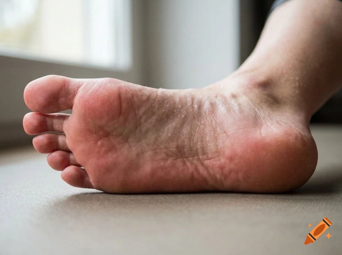 A close-up photograph showing the sole of a bare human foot resting on a surface.