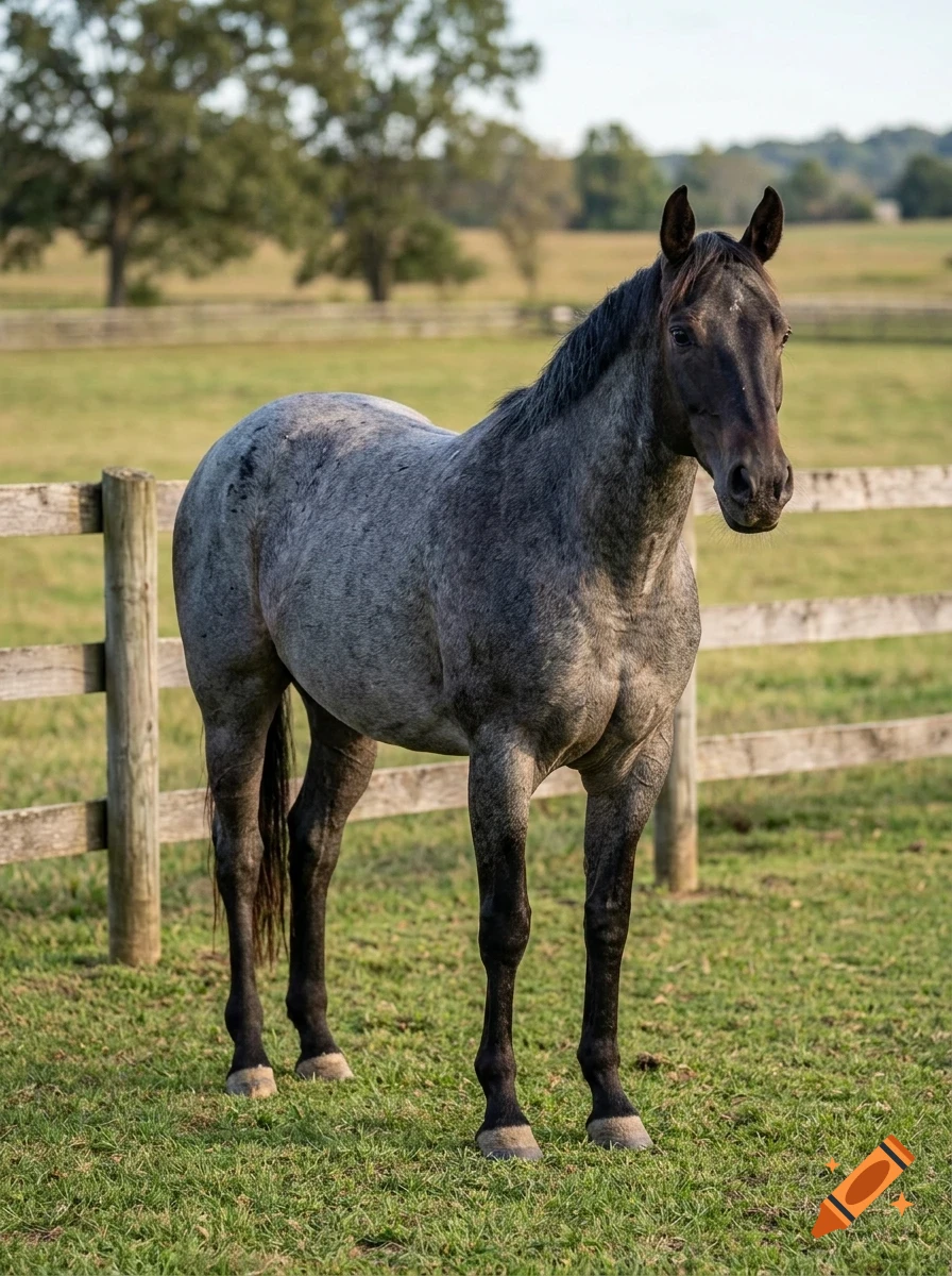 A blue roan horse stands in a grassy paddock with a wooden fence in the background.
