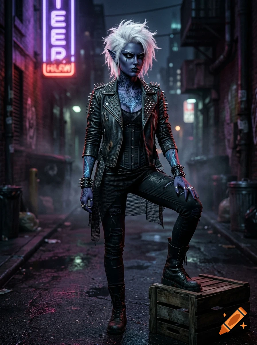 A fantasy character with purple skin, white hair, and pointy ears stands in a dark alleyway at night, wearing a spiked leather jacket and boots.