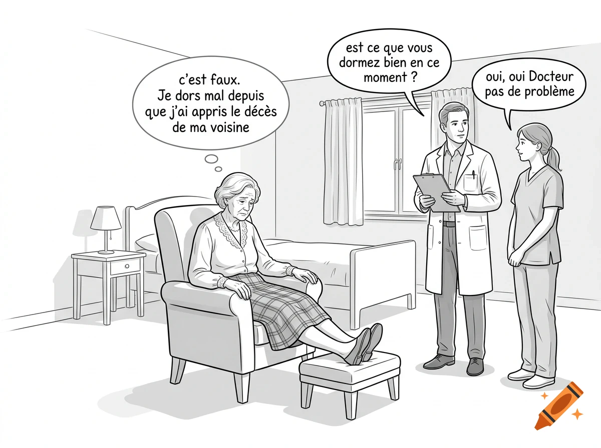 Black and white comic style illustration showing an elderly woman sitting in an armchair with a footstool while a doctor and nurse stand nearby speaking to her, with dialogue bubbles in French.