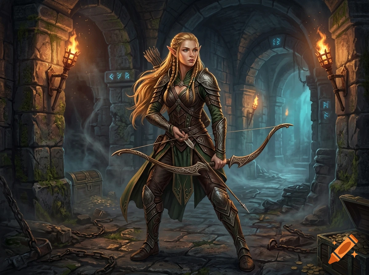 An elfy archer in ornate leather armor holding a bow in a stone dungeon, digital painting.