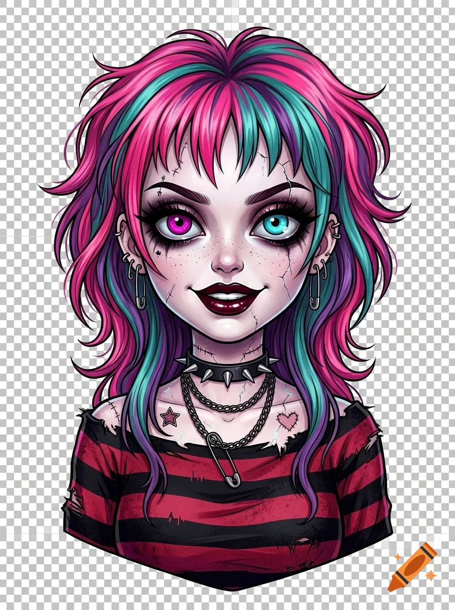 Portrait of a punk doll-like character with pink and teal hair, heterochromia eyes, pale skin with stitches, and a spiked choker.