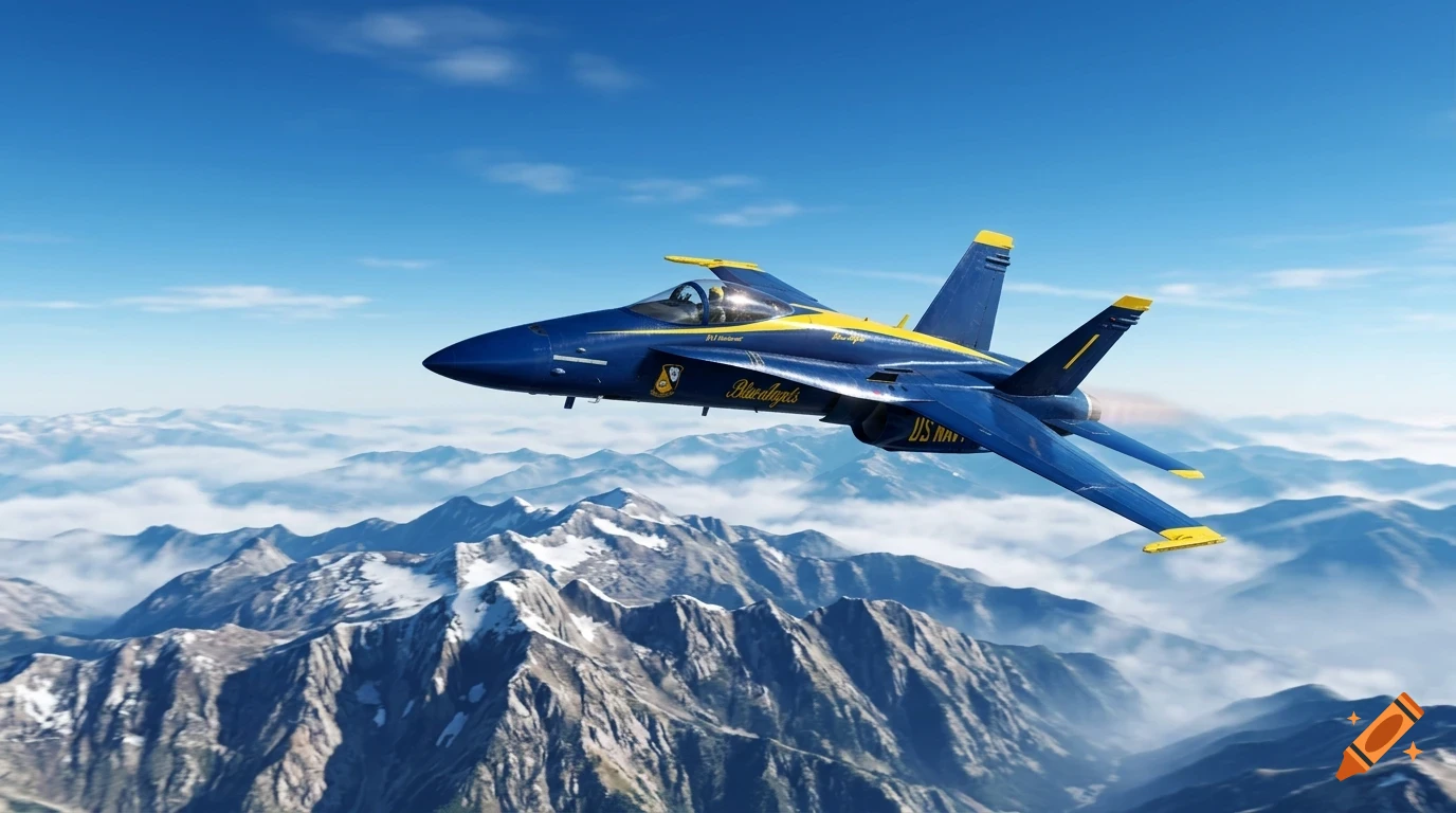 A blue and yellow fighter jet flying over a mountain range under a cloudy sky.