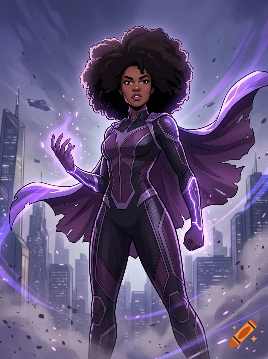 Digital illustration of a female superhero with dark curly hair wearing a purple and black suit and cape, glowing with purple energy against a futuristic city skyline.