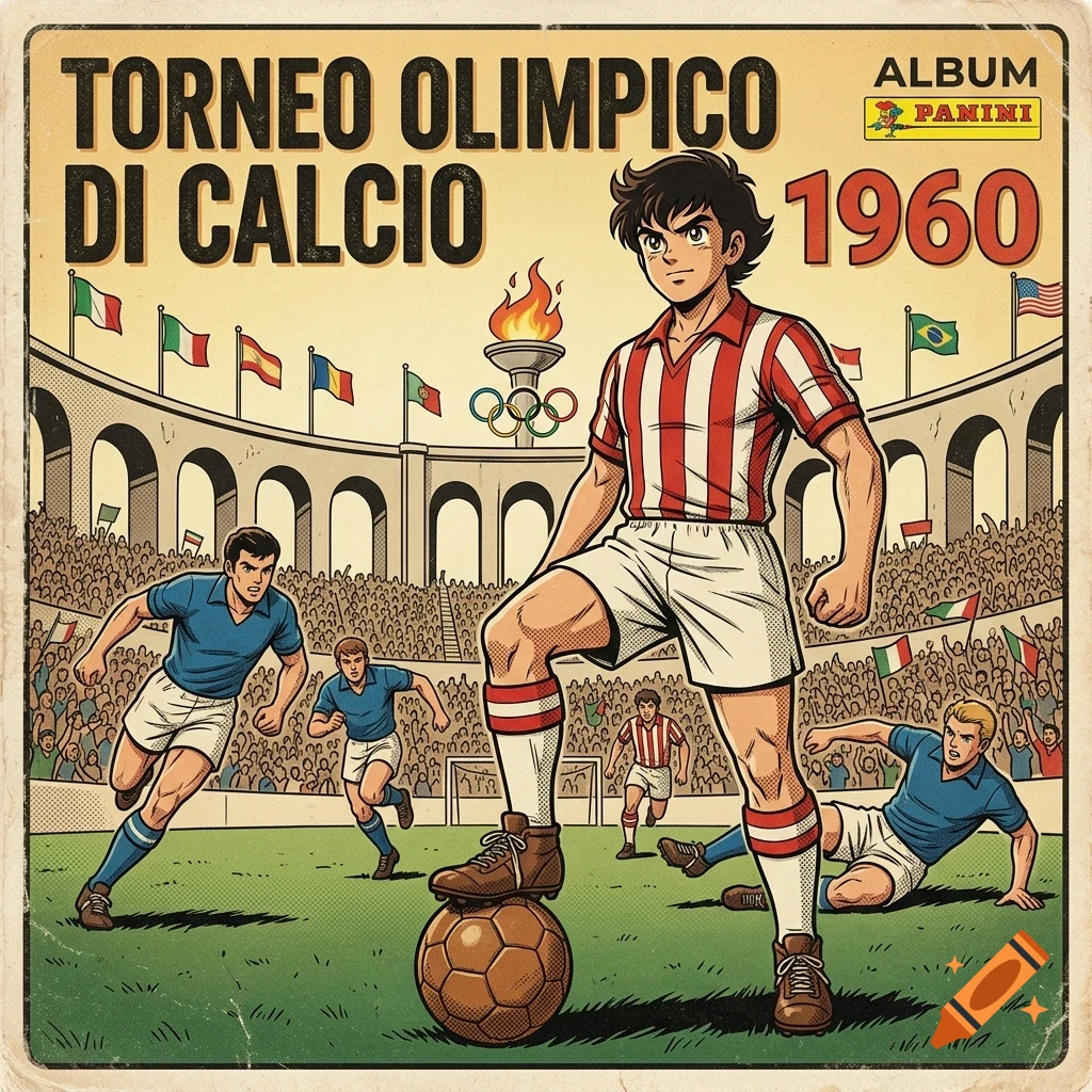 An illustrated soccer poster for the 1960 Olympic football tournament, featuring soccer players in a stadium with flags and an Olympic flame.