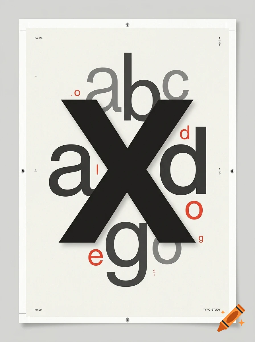 A poster featuring typographic study with overlapping letters and a large black X in the center.