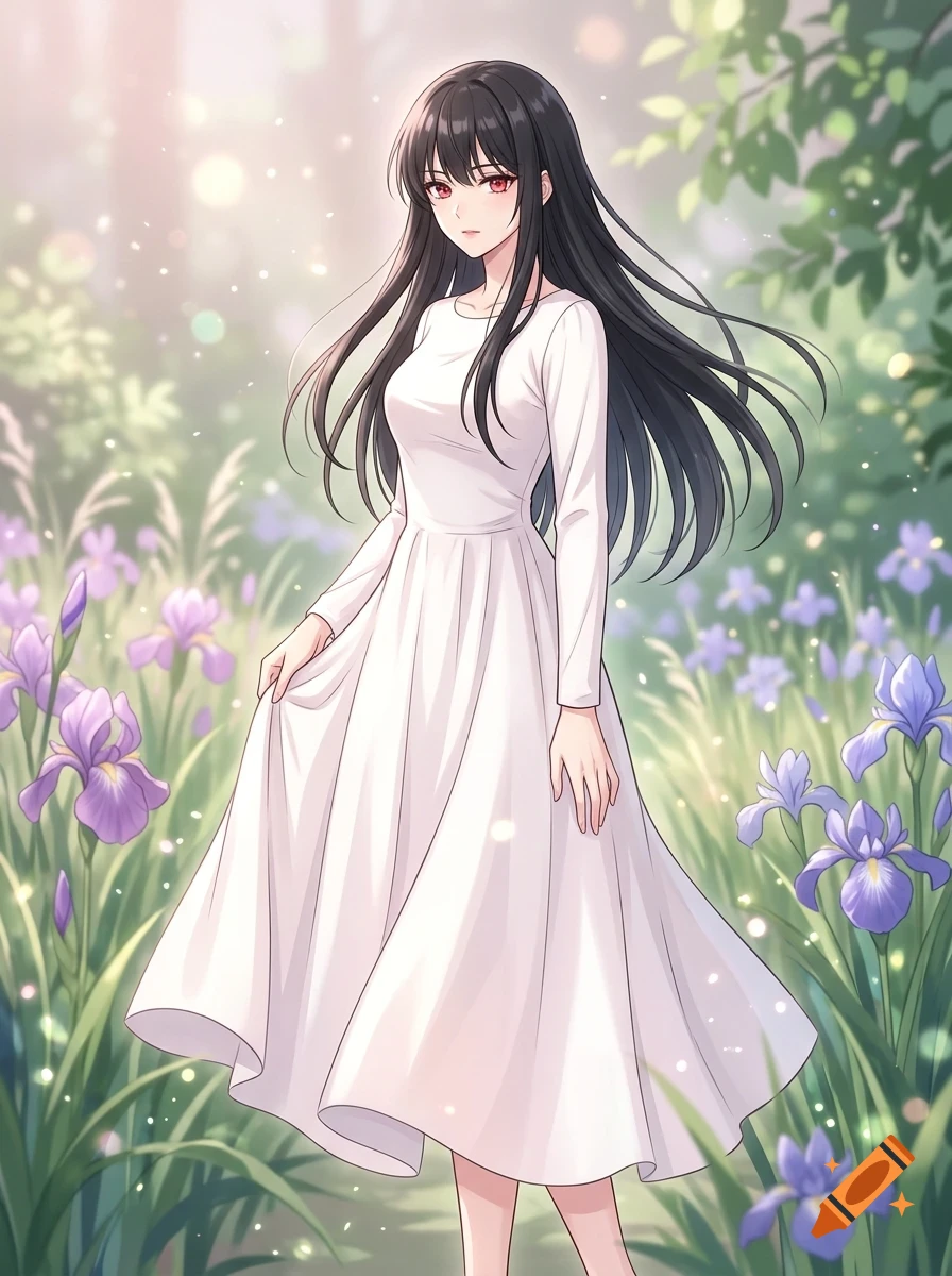 An anime-style illustration of a young woman with long black hair and red eyes wearing a long white dress, standing in a field of purple flowers and greenery.