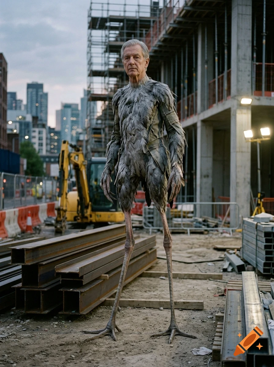 An older man with the feathered body and long bird legs of a creature standing on a construction site with steel beams and excavators.